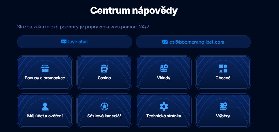 Kontaktujte podporu Boomerang Casino přes live chat nebo e-mail kdykoliv 24/7