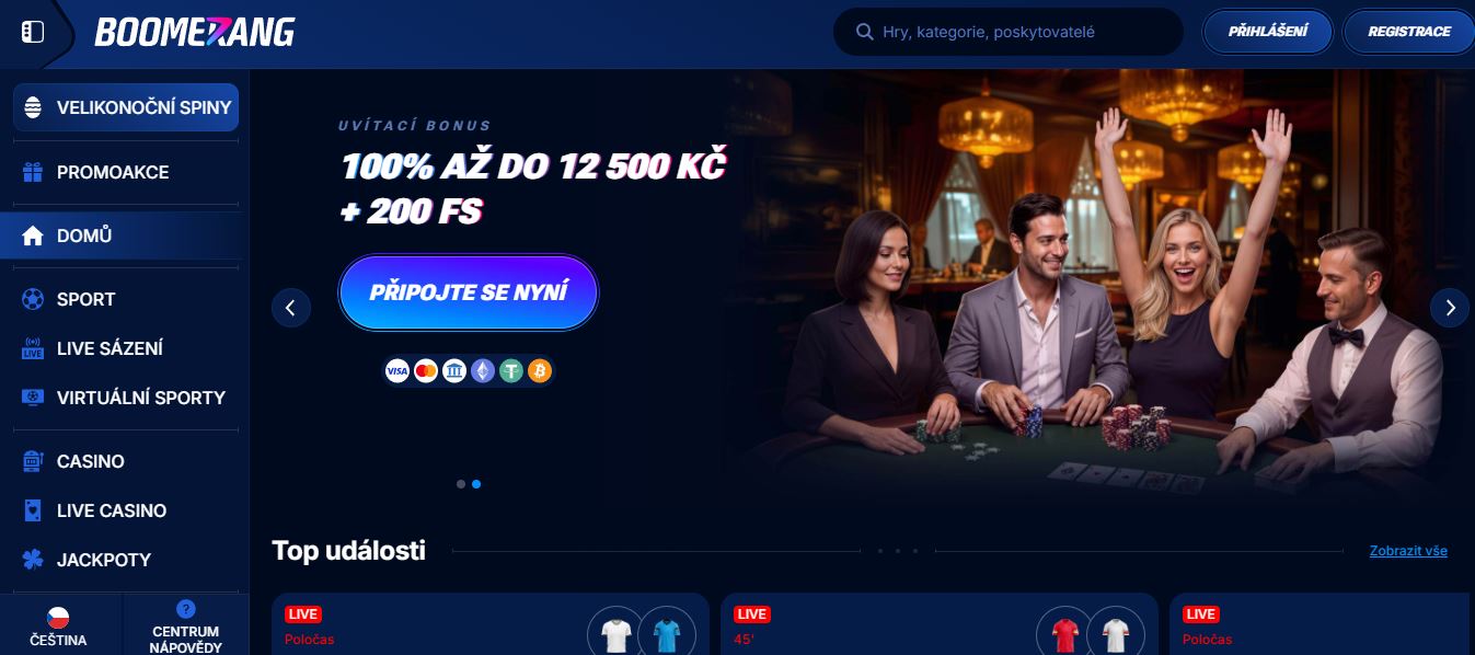 Připojte se k Boomerang a získejte uvítací bonus 100 % až do 12 500 Kč a 200 free spinů